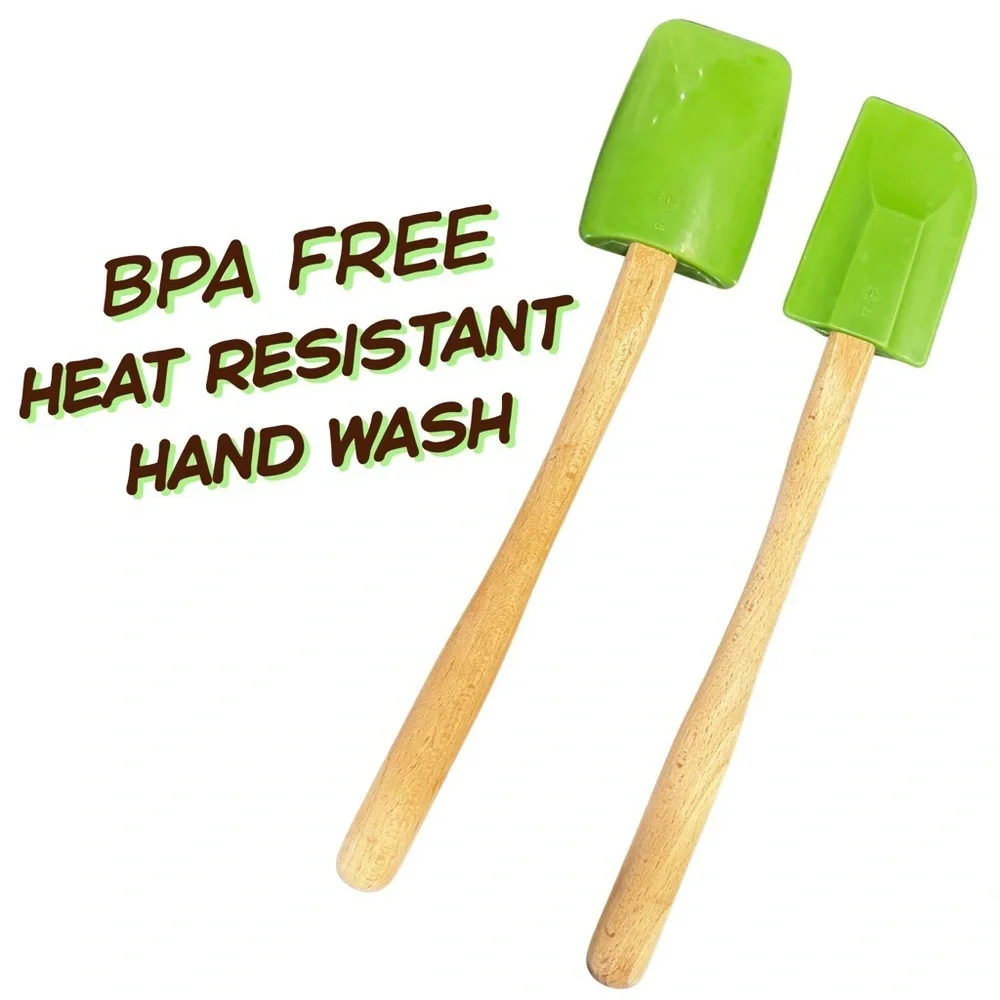 Williams Sonoma Apple Green Silicone Spatula Set of 2 Wooden Handles BPA Free
